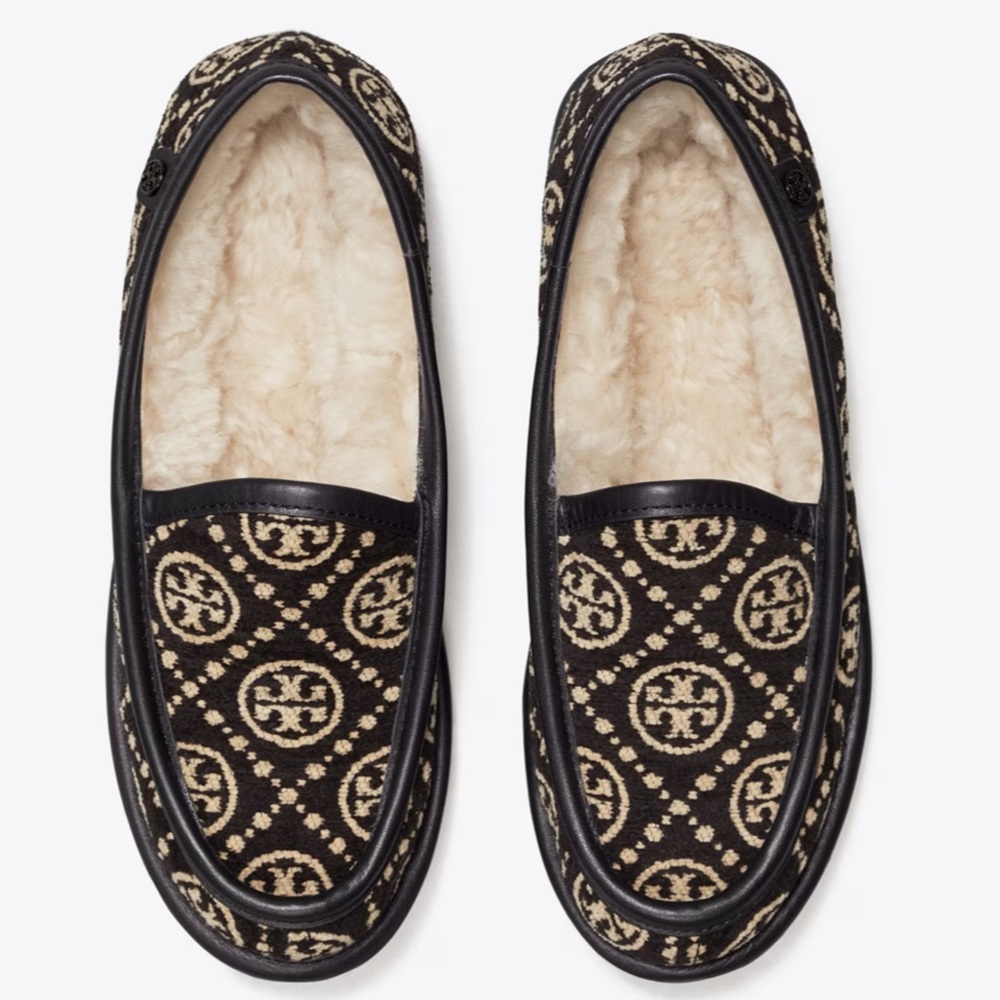 Tory Burch T Monogram Buddy Shearling Loafer Black Jacquard Slip-On 8 Flat Shoes